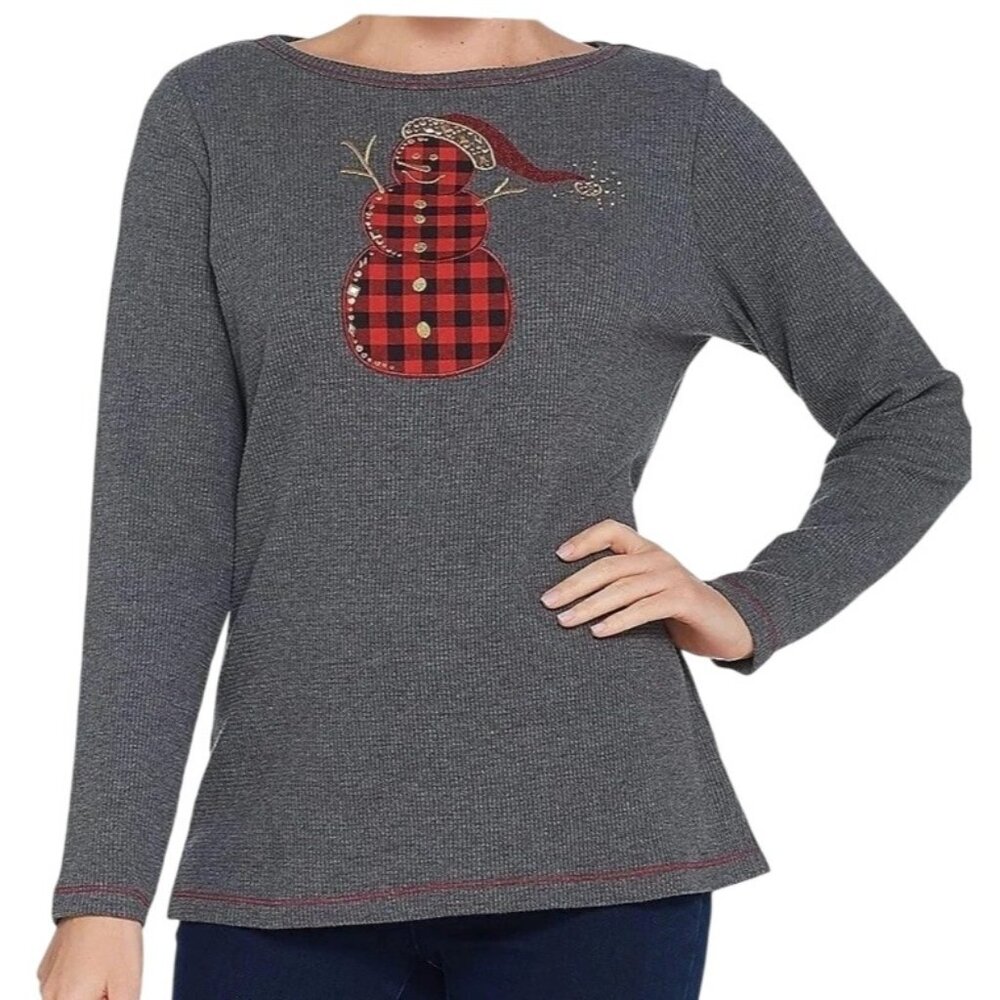 Quacker Factory Waffle Knit Top Size 1X Plaid Motif Detail Charcoal Gray Snowman
